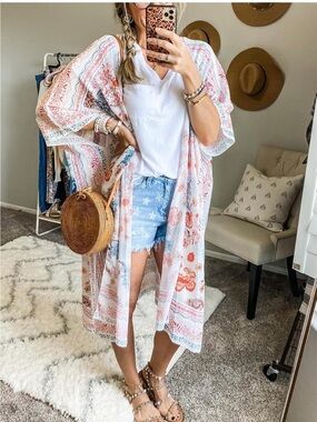 Boho Floral Kimono Cardigan Coverup Sheer Beach Cover-Up Vacation Size M